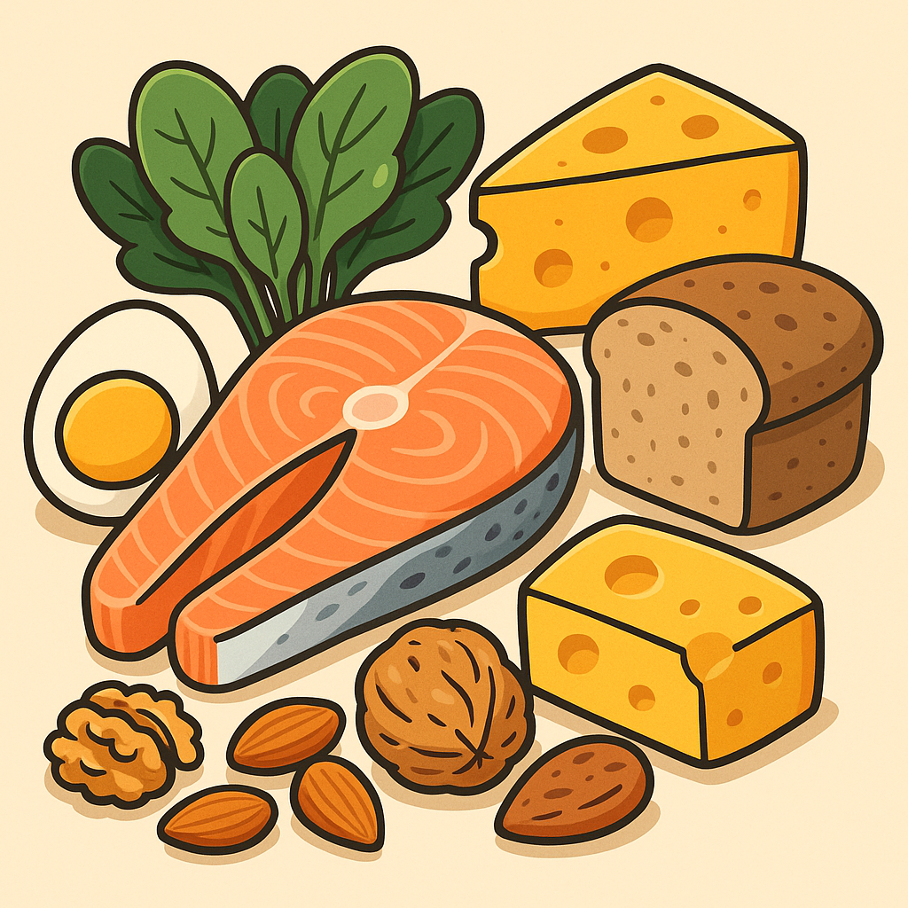 Animacinis vaizdas – B grupės vitaminų šaltiniai: lašiša, kiaušinis, riešutai, žalialapės daržovės, sūris ir pilno grūdo duona