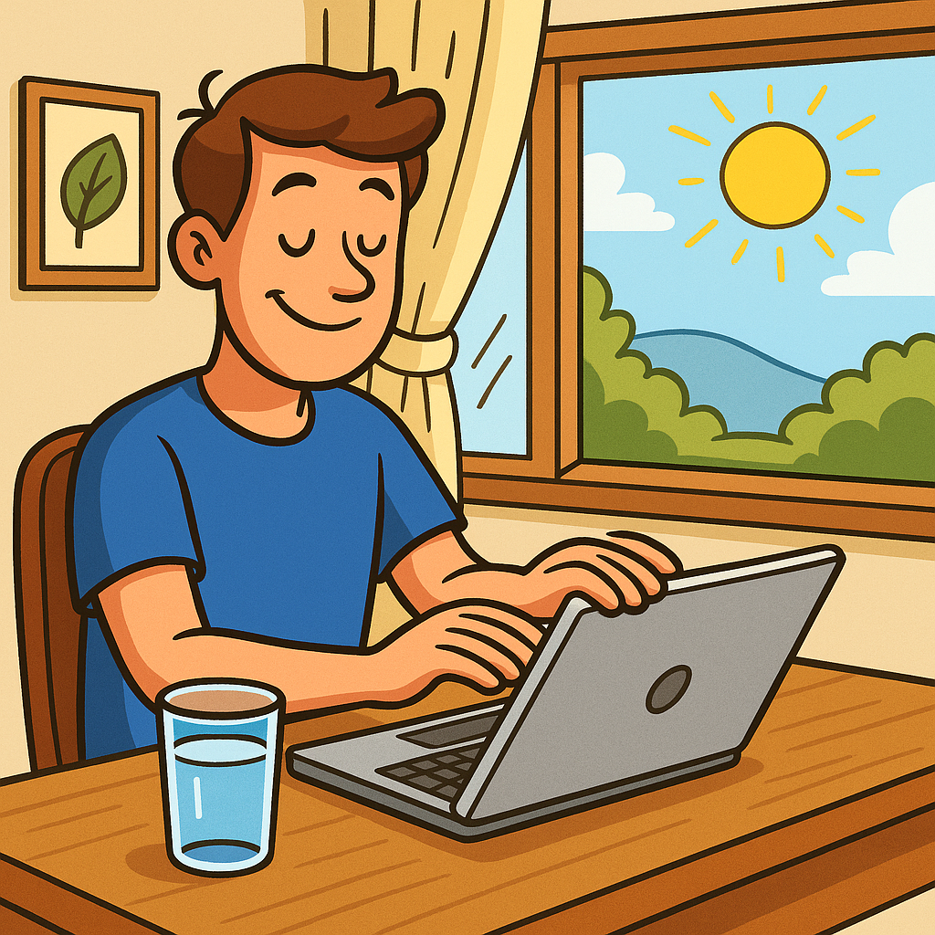 Animacinis vaizdas – vyras su šypsena uždaro nešiojamą kompiuterį, šalia stiklinė vandens, už lango vasaros kraštovaizdis