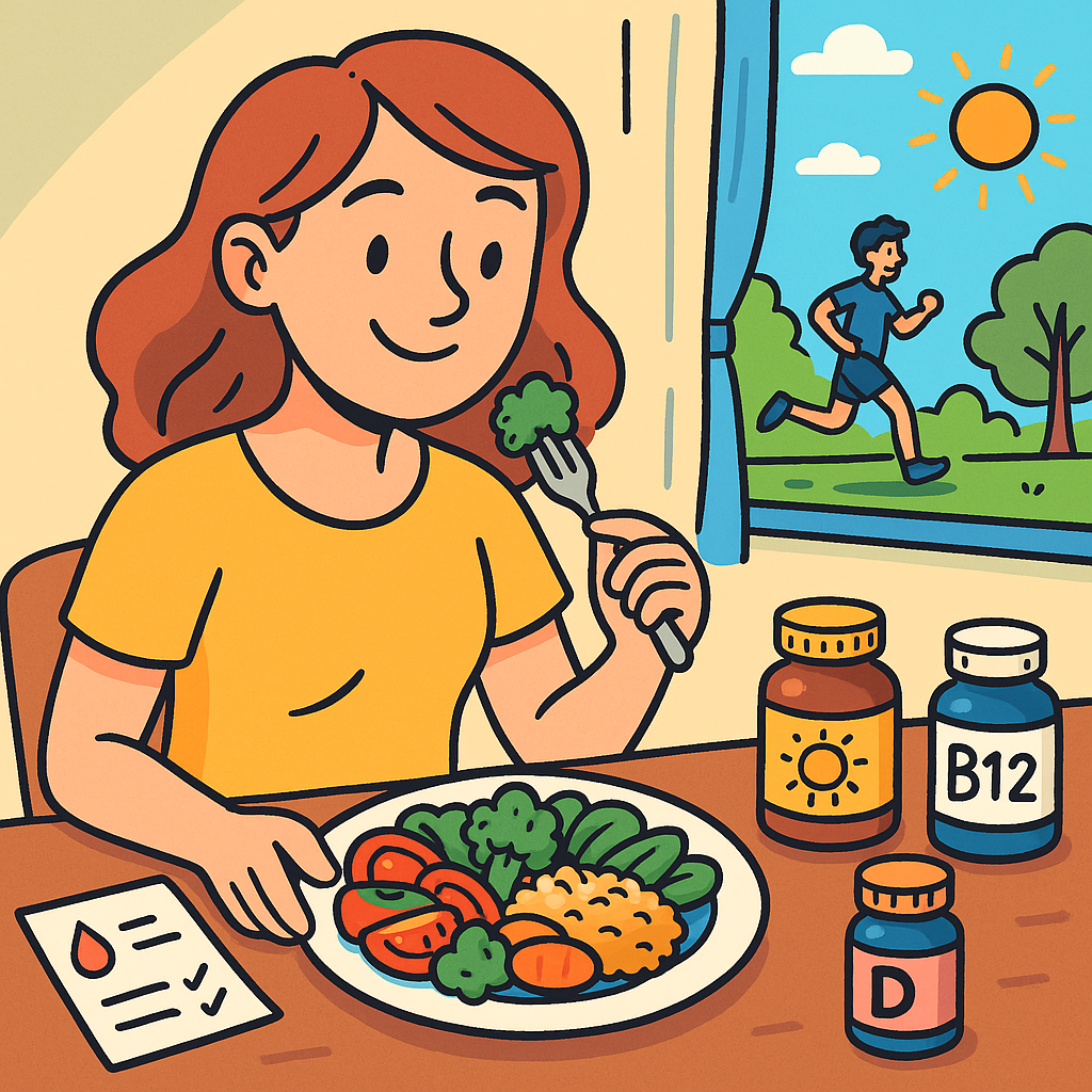 Animacinis vaizdas – moteris valgo spalvingą lėkštę, šalia vitamino D ir B12 papildai, kraujo tyrimų simbolis, pro langą matosi bėgantis žmogus