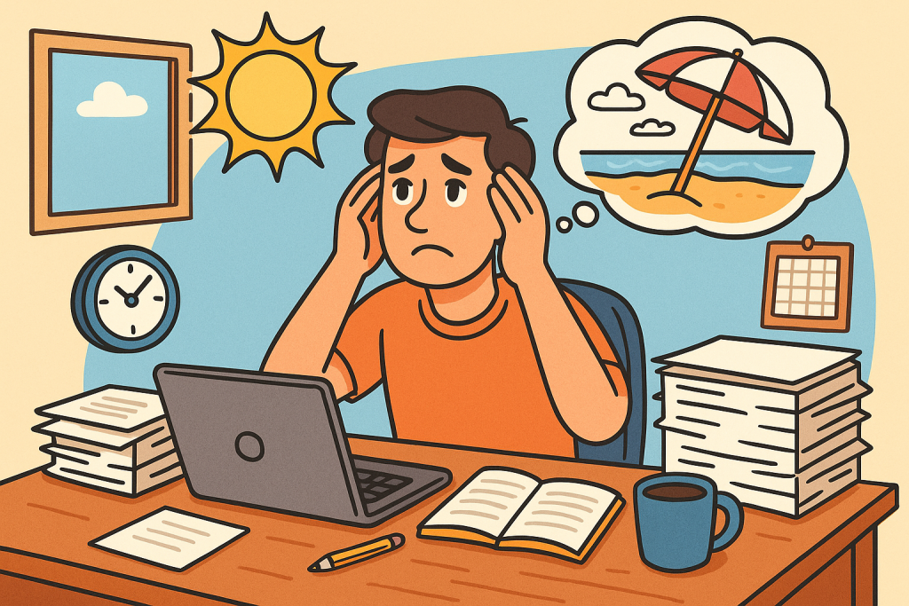 Vasaros karštis kliudo produktyvumui? Išmėgink 5-5-5-30 metodą Animacinis vaizdas – žmogus sėdi prie darbo stalo, už lango ryški vasaros saulė, sunku susikoncentruoti