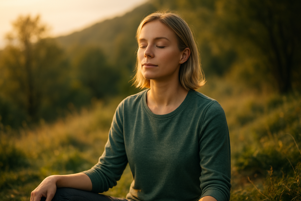Psichinės ir fizinės sveikatos ryšys – moteris medituoja gamtoje saulėlydžio metu, atkuria vidinę pusiausvyrą