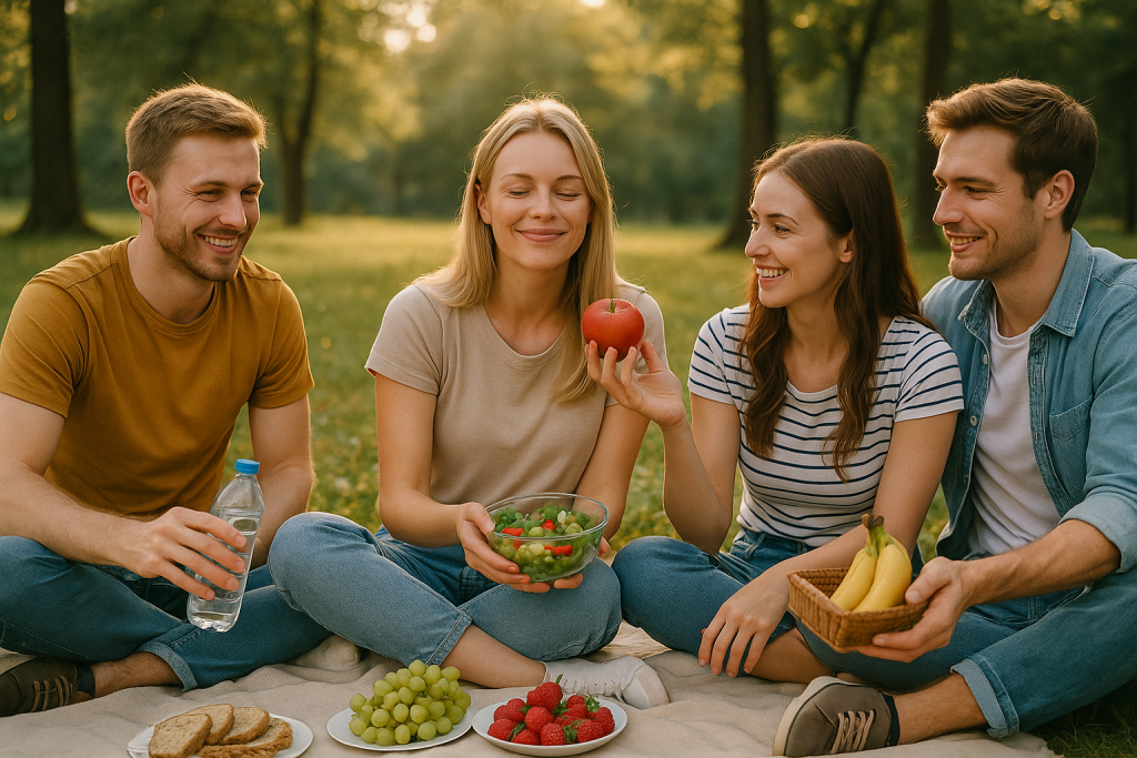 Draugai leidžia laiką gamtoje pikniko metu, geria vandenį ir dalijasi vaisiais – socialiniai ryšiai stiprina psichinę sveikatą