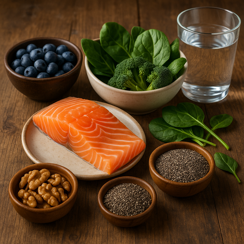 Sveika mityba smegenims – lašiša, graikiniai riešutai, chia sėklos, mėlynės, žalios daržovės ir vanduo kaip energijos šaltinis protui