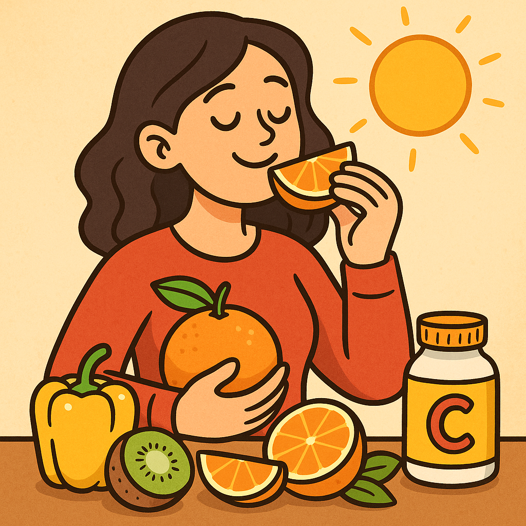 Animacinis vaizdas – moteris valgo apelsiną, ant stalo guli kiviai, paprika ir vitaminas C papildas