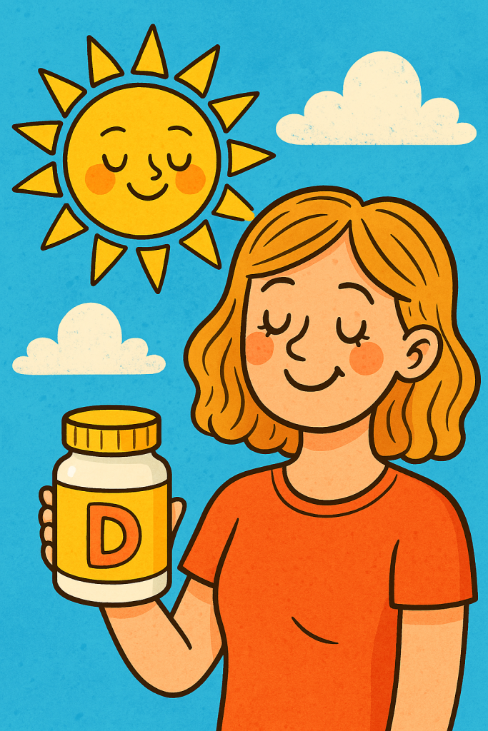 Animacinis vaizdas – žmogus mėgaujasi saulės šviesa, vitaminas D palaiko nuotaiką ir serotonino gamybą