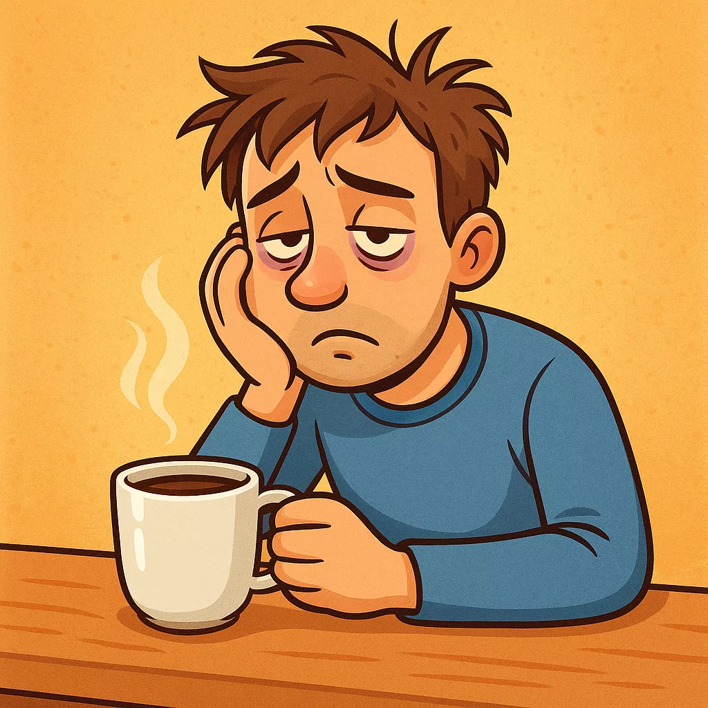 Vitaminai ir jų poveikis nuotaikai: ką verta žinoti kiekvienam Animacinis vaizdas – pavargęs žmogus sėdi prie stalo su kavos puodeliu, bet vis tiek atrodo be energijos dėl vitaminų trūkumo